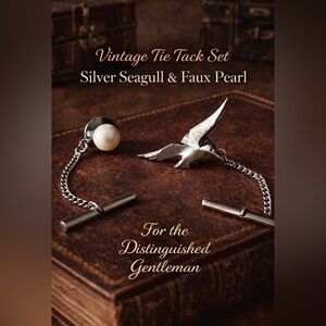 Vintage Tie Tack 2 Piece Set; Seagull and Faux Pearl
